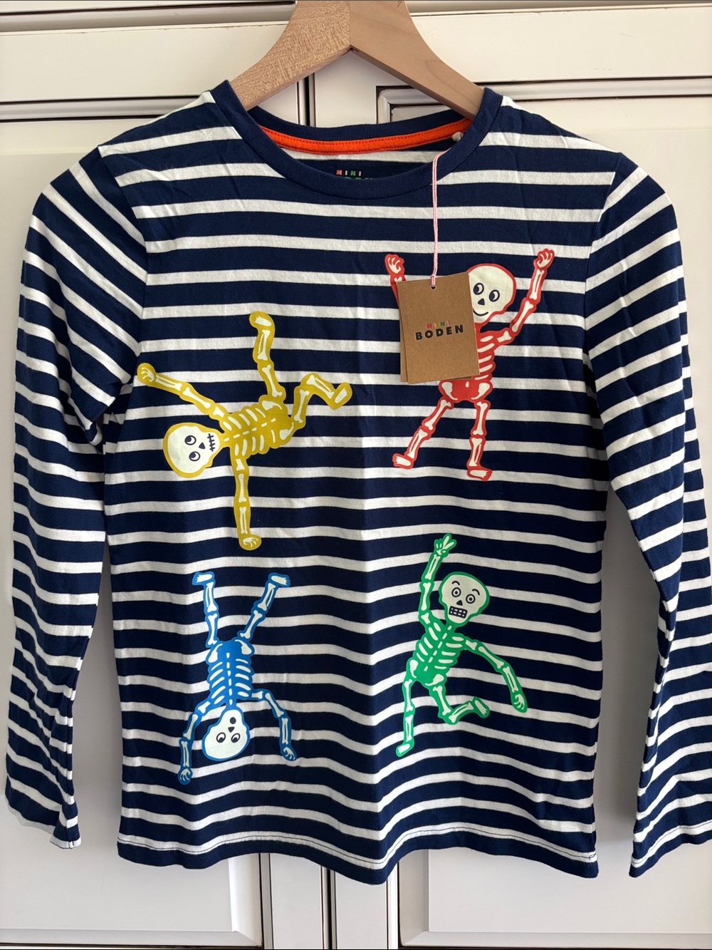 Mini Boden Glow In The Dark Skeleton Halloween Blue Striped Shirt Kids 11-12